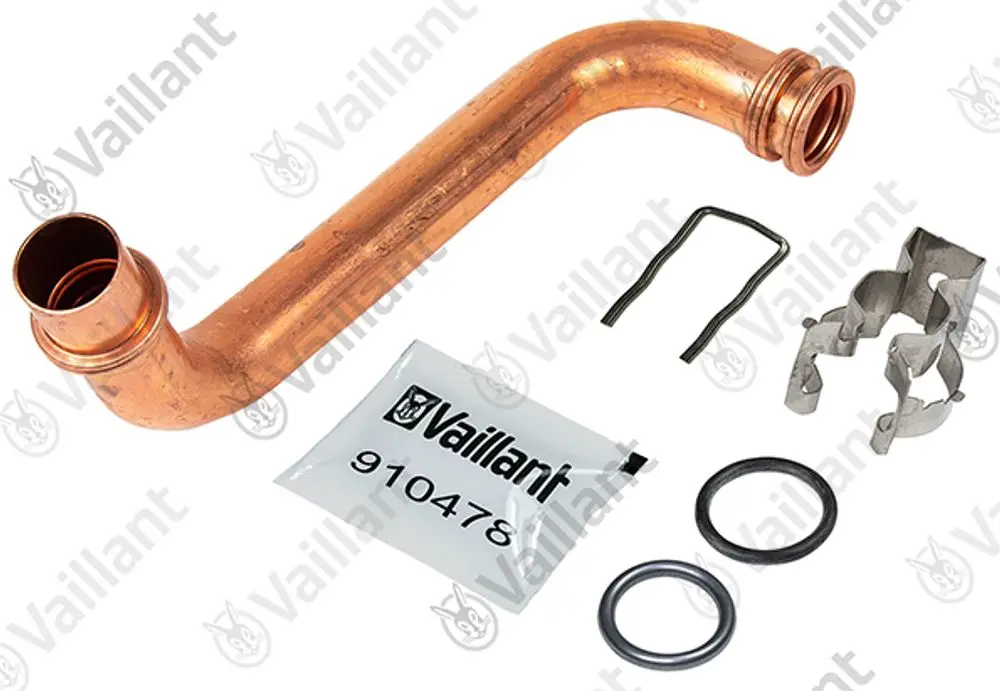 Kupferrohr mit Biegung und Anschlussstücken, Zubehörteile wie Dichtungen und Klammern, präsentiert von Vaillant.